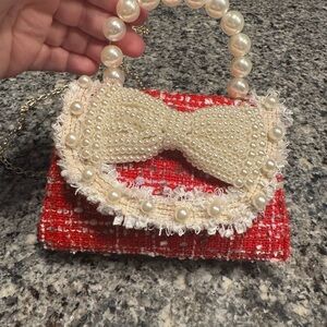Pearl-Trim Red Tweed Kids Handbag